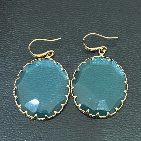 Unsigned Blue Topaz Faceted Glass Round Bezel Drop Earrings 11.8g - Picture 3 of 15